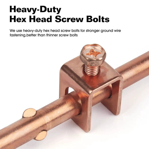 Close-up of copper grounding rod with hex head screw bolt clamp for Heavy Duty Pro Grade Beast Three Eighths Inch By Four Foot Copperweld Grounding Rod With Hardened Steel Core And Wire Clamp For Electric Fences Antennas Satellite Dishes And Other Grounding Needs ASTM E8 E8M 16 And ASTM B368 2014 Certified GOUNENGNAIL.