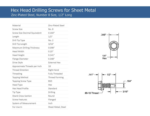 Technical diagram of #8 x 1/2 Inch Hex Washer Head Self Drilling Tek Screws, dimensions and specifications for zinc-plated sheet metal screws.