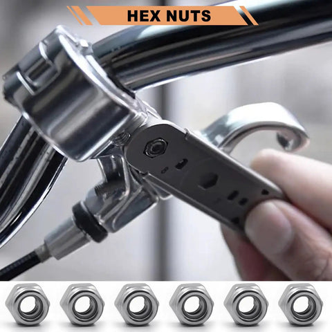 Close-up of Nylon Insert Lock Nuts Set 145 Piece Metric M3 To M12 In 304 Stainless Steel A2 70 being used for bike assembly
