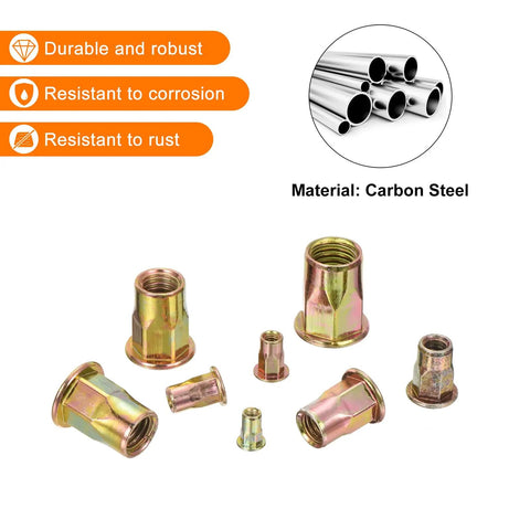 Half Hex Body Flange Rivet Nut Set M6 Carbon Steel Zinc Plated Threaded Insert Nuts With Knurled Body, assorted sizes, Uxcell.