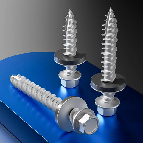 Hex Self Tapping Metal Roofing Screws With EPDM Washer Gray Galvanized Steel Size Number Ten By Three Inches 75mm on blue surface