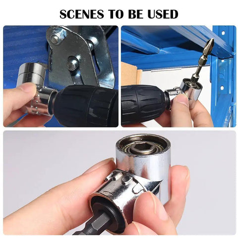 Impact Grade Power Hand Tools Driver Socket Adapter Extension Set With 3 Pcs 1/4 3/8 1/2 Inch Hex Shank Drill Nut Driver Bits And 105 Degree Right Angle Extension Color Coded Rings For Quick Pick Durable CR-V Construction By CIGOTU in use on metal frame