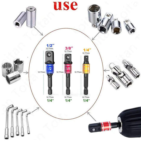 Impact Grade Power Hand Tools Driver Socket Adapter Extension Set With 3 Pcs 1/4 3/8 1/2 Inch Hex Shank Drill Nut Driver Bits And 105 Degree Right Angle Extension Color Coded Rings For Quick Pick Durable CR-V Construction By CIGOTU in use with various sockets and drill attachments