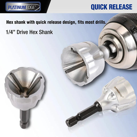 External Chamfer Deburring Tool With YG8 Carbide Blade And Quick Release Hex Shank attached to a drill displaying hex shank design