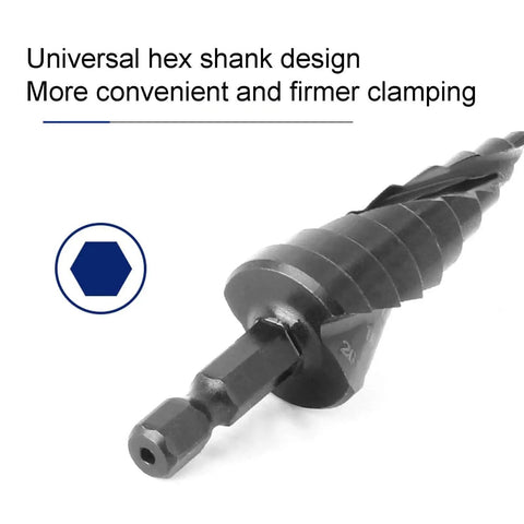 Heavy Duty HSS Step Drill Bit and Hole Reamer With Pagoda Style Spiral Groove for Metal, hex shank visible