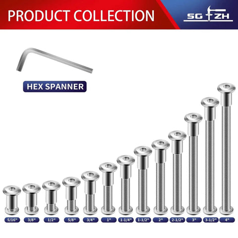 Assorted sizes of hex socket cap screws with hex spanner, including 1/4-20 X 3/4 Inch Flat Head Hex Socket Cap Screws Bolts Set 20 Pieces