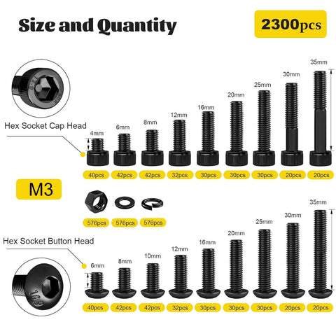 Fgruh 2300PCS M3 Screws with Nuts Assortment Kit, Hex Socket Cap and Button Head Bolts, 12.9 & 10.9 Grade, Black Zinc Plated