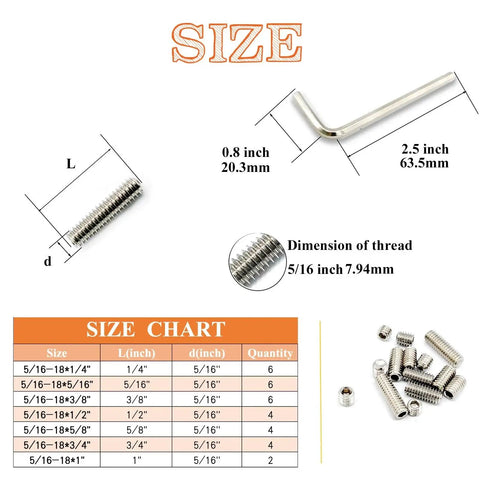 32 Piece Hex Socket Set Screws Assortment Kit 5/16-18 Thread 304 Stainless Steel with dimension chart and Allen key