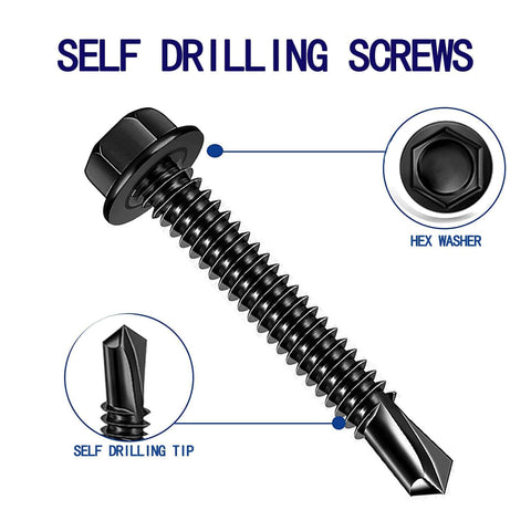 100pcs 410 Stainless Steel #10x1 Hex Washer Head Self Drilling Screws, Black Oxide Self Tapping Tek Screws for Metal Plates illustration