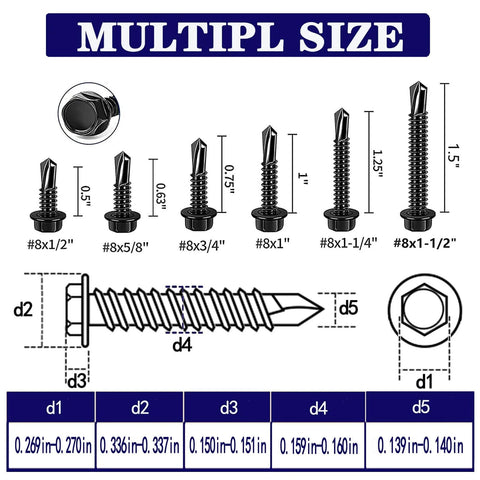 Diagram of multiple sizes of 100pcs 410 Stainless Steel #8x1/2 Hex Washer Head Self Drilling Screws, Black Oxide Self Tapping Tek Screws
