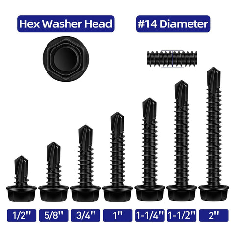Assorted sizes of #14 x 1 Inch Hex Washer Head Self Tapping Screws Made from 410 Stainless Steel with Black Finish Self Drilling TEK Design
