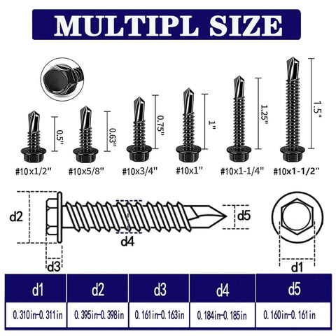 Diagram showing multiple sizes of 100pcs 410 Stainless Steel #10x1-1/4 Hex Washer Head Self Drilling Screws, Black Oxide Tek Screws for metal.