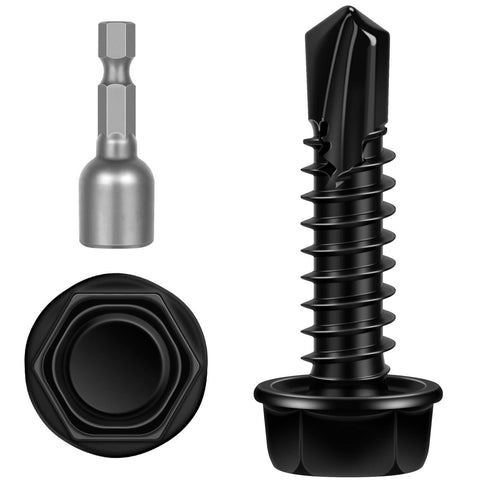 Close-up of #14 x 1 Inch Hex Washer Head Self Tapping Screws, 410 Stainless Steel with Black Finish Self Drilling TEK for fastening.