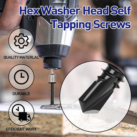 #14 x 1 Inch Hex Washer Head Self Tapping Screws Made from 410 Stainless Steel with Black Finish being drilled into wood