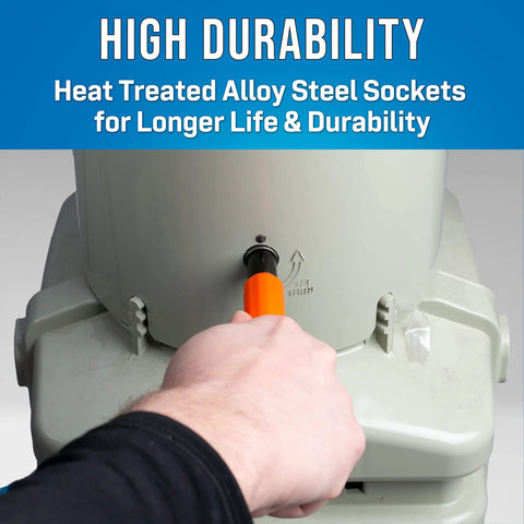 Impact Resistant Hex Can Wrench With 7/16 Inch And 3/8 Inch Hex Sockets in use, showing ergonomic orange handle turning a nut.