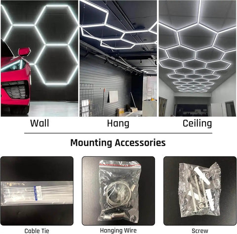 Hexagon LED Garage Light Fixture Dope Bright 6500K 156W 17280LM for garage walls, hanging installation, and ceiling setup with accessories