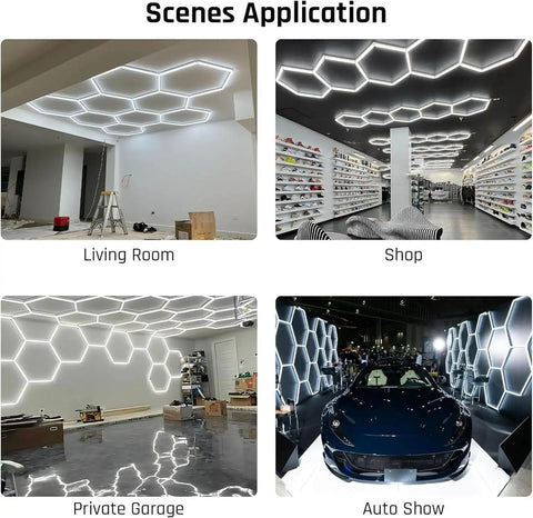 Hexagon LED Garage Light Fixture Dope Bright 6500K 156W 17280LM installed in different scenes: living room, shop, garage, auto show