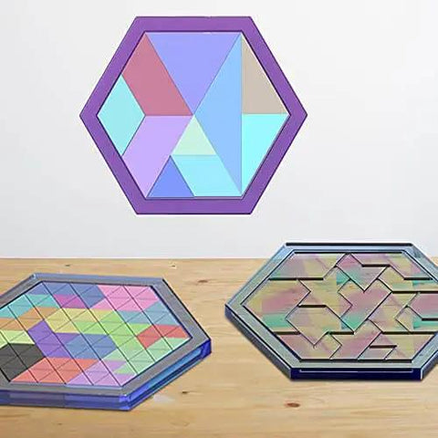 5 Piece Puzzle Resin Molds Set, Silicone Tray Molds For Epoxy Casting with colorful game board shapes on a wooden table.