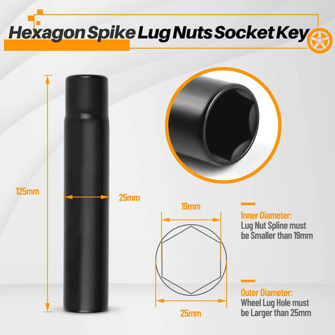 Spiked Lug Nut Socket Key 19mm Hex Replacement Tool For M14x1.5 M14x2.0 9/16-18 1/2-20 M12x1.5 And M12x1.25 Lug Nuts Universal 6 Sides Black Chrome Plated Socket Key 125mm Length 25mm Outer Diameter 13x13mm Inner Hole