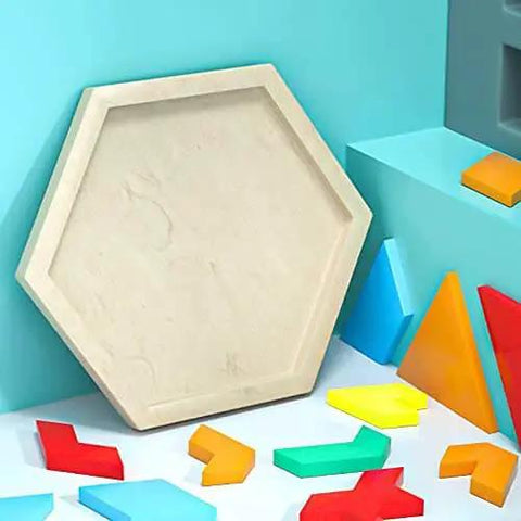 Hexagonal silicone tray mold from 5 Piece Puzzle Resin Molds Set, showcasing colorful tangram pieces for home decor art projects.