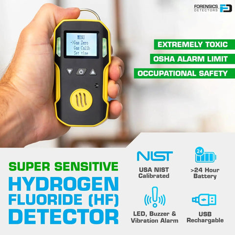 Handheld hydrogen fluoride gas detector with USA NIST traceable calibration, USB recharge, 0-10 ppm HF range, electrochemical sensor.