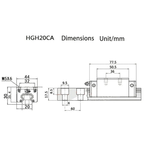 Technical diagram of HGH20CA Bearing Block Slider for HGR20 Linear Rails with dimensions and unit measurements in mm.