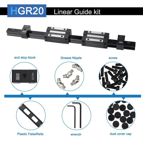 1000mm HGR20 Linear Guide Kit with four HGH20CA carriage blocks, end stop blocks, screws, and accessories for DIY CNC routers.