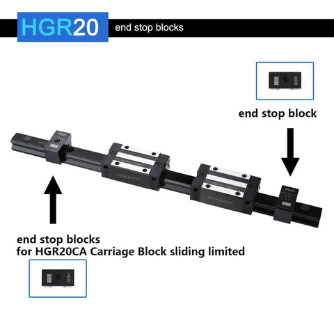 1000mm HGR20 Linear Guide Kit With Four HGH20CA Carriage Blocks And End Stop Blocks for DIY CNC Routers shown with end stops
