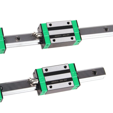 Budget Friendly HGR20 Linear Guide Rail Set with 2 Rails and 4 Bearing Blocks for DIY CNC, shown close-up on steel construction.