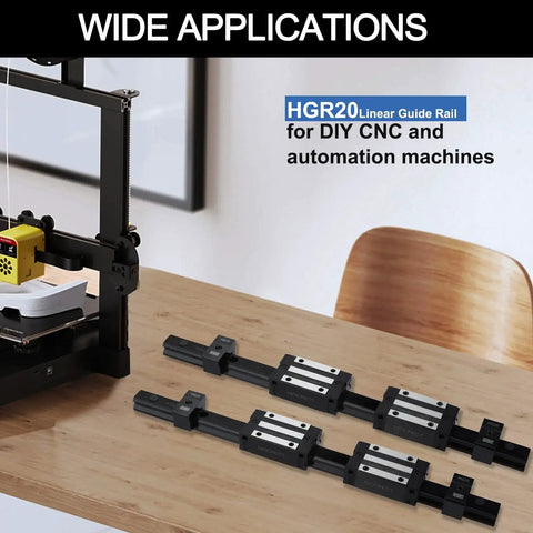 1000mm HGR20 Linear Guide Kit with four HGH20CA carriage blocks shown beside CNC machine on a wooden table.