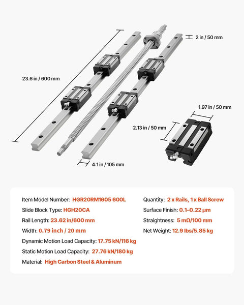 HGR20 Linear Rail Kit With Two 600 Mm Rails Ball Screw Four Slide Blocks BF12 BK12 End Supports Coupling And Nut Housing
