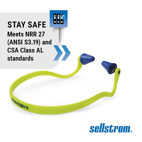High visibility green and blue reusable banded earplugs for work hearing protection with neck cord 25 decibels noise reduction.