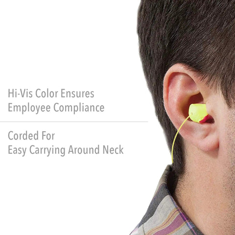 Person wearing Laser Lite High Visibility Corded Disposable Foam Earplugs 100 Pairs Pink And Yellow For Distinctive Visual Safety NRR 32