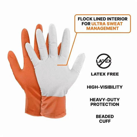 Hi Vis Orange Nitrile Gloves Raised Diamond Texture 8 Mil Large Box Of 50 with flock lined interior and latex-free features