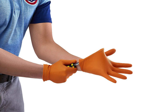 Hi-Visibility Orange Nitrile Gloves 8 Mil Thick Diamond Texture Grip 50 Count, person wearing gloves using a tool