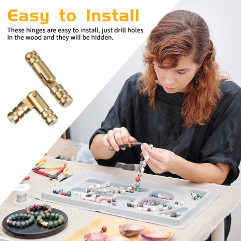 Image of a person assembling a bead necklace next to Hidden Brass Hinges 20 Pack 20x4mm Concealed Hinge Set for jewelry boxes.