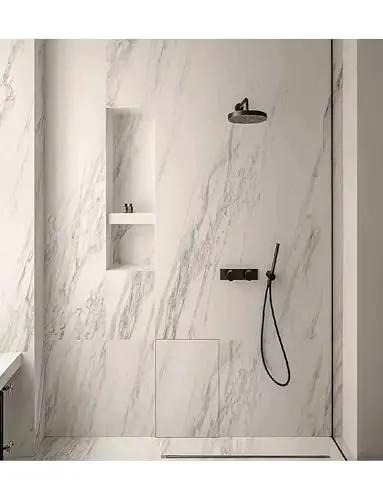 Seamless, heavy duty concealed hinges install invisibly behind tile, marble, or drywall for hidden access panels in a bathroom.