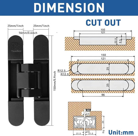 Dimension diagram for Hidden Door Hinges 6 Inch Concealed Butt Hinge Zinc Alloy 180 Degree Swing 3 Way Adjustable Black 2 Pack