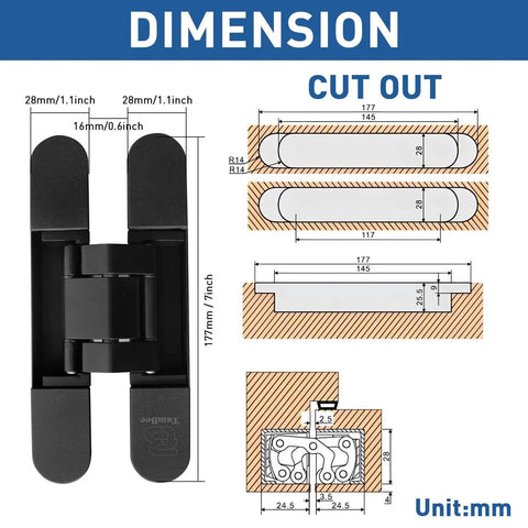 Illustration of Hidden Door Hinge Set Black 7 Inch 3 Way Adjustable Concealed Zinc Alloy Invisible Hinge dimensions and cutout