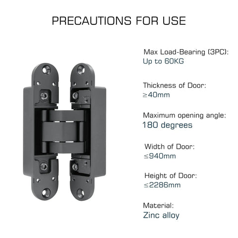 Hidden Door Hinge Set Gunmetal Grey 180 Degree Adjustable Concealed and Invisible Hinge 2PCS with specifications shown
