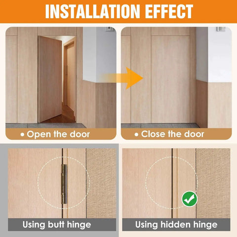 Installation effect of Hidden Door Hinge Kit 6 Inch Concealed Hinge Set for invisible doors showing open and closed views.
