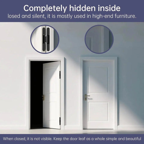 Seamless Hidden Door Hinges Set 7 Inch, 4 Pack Concealed Zinc Alloy 180 Degree Swing, shown installed on white door for modern look.