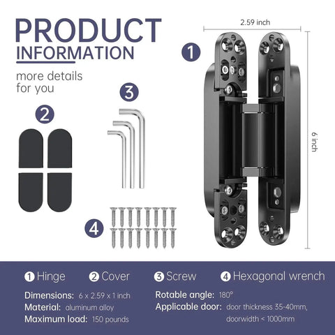 Hidden Door Hinge Kit For Concealed Doors 6 Inch 180 Degree Swing Zinc Alloy 3 Way Adjustable Butt Silent Hinges Black Pack Of 2 By Zeyuansen, with measurements and components including cover, screws, and wrench.