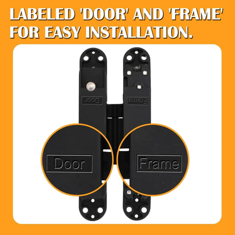 Hidden Door Hinges 2 Pack 6 Inch Black Heavy Duty Concealed Hinges labeled 'Door' and 'Frame' for secret doors and bookcase doors.