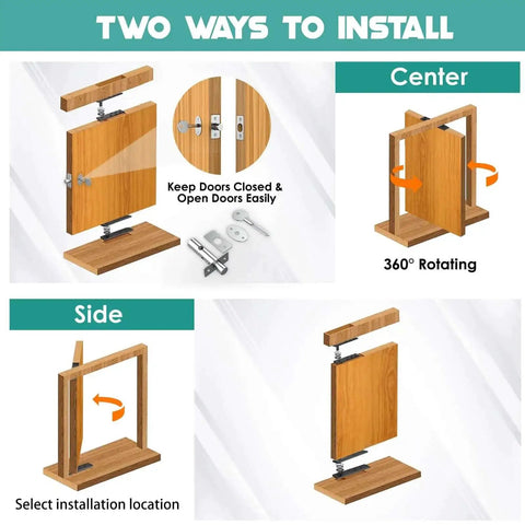 Diagram showing two installation methods for Hidden Pivot Door Hinges For Wood Rooms And Bookcases, demonstrates 360-degree rotation.