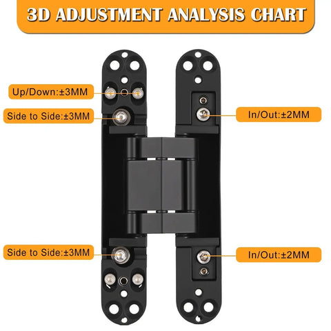 Diagram of Hidden Door Hinges 2 Pack 6 Inch Black Heavy Duty Concealed Hinges with 3 Way Adjustable Alignment showing adjustments