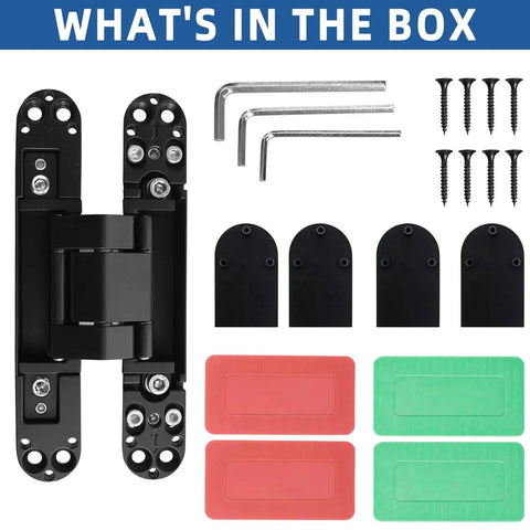 Hidden Door Hinges 6 Inch Concealed Butt Hinge Kit with Black Zinc Alloy, screws, and templates