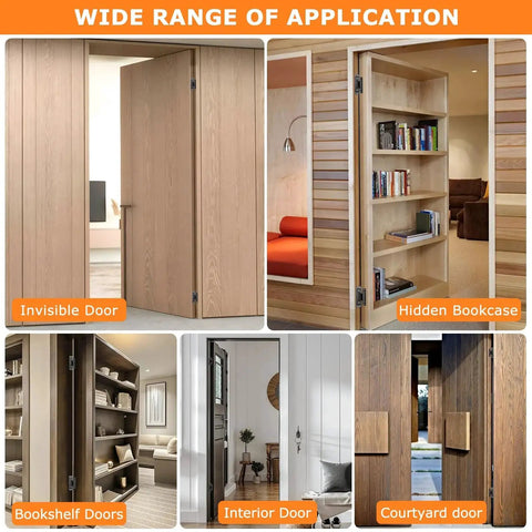 Wide range of applications for Slim Concealed Hidden Door Hinges 2Pack, shown on invisible door, hidden bookcase, interior and courtyard doors.