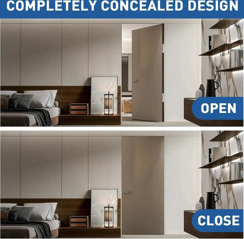 Hidden Door Hinges 6 Inch Concealed Butt Hinge Zinc Alloy 180 Degree Swing 3 Way Adjustable Black 2 Pack installed in modern room