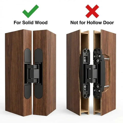 Comparison of hidden door hinges installed on solid wood and hollow doors, featuring 6 inch adjustable concealed hinges for doors up to 50mm wide.